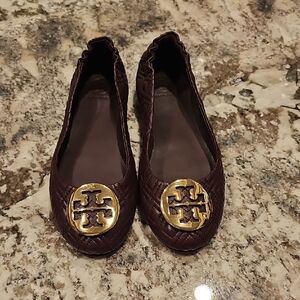 Tory Burch Dark Brown Quilted Flats with Gold Logo